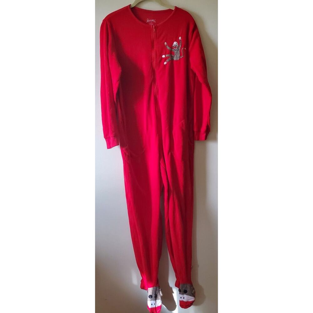 Nick & Nora Sock Monkey Pajamas Size Small Footed One Piece Red Non Slip Feet